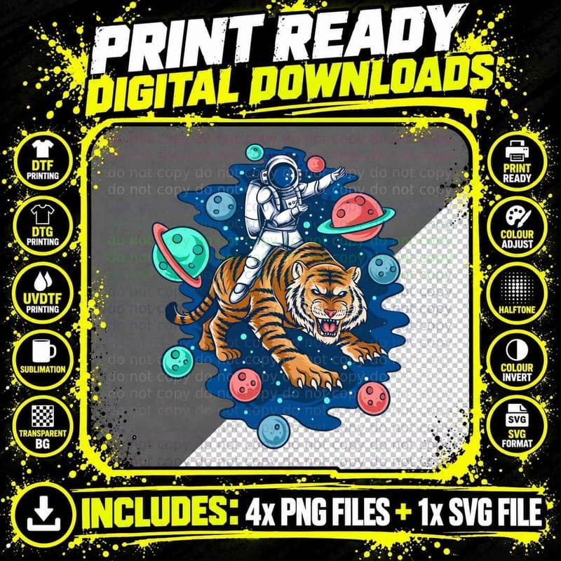 Astronaut and Tiger Spaceman Riding in Cosmos Planets Png SVG Digital Bundle