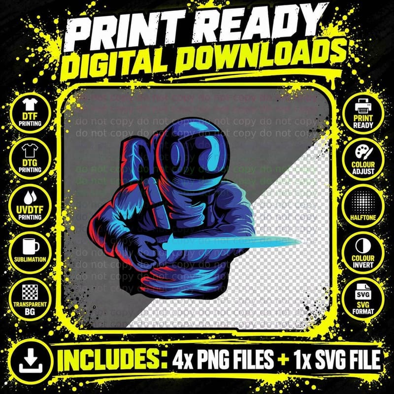 Astronaut with Sword Neon Glow T-Shirt Png SVG Digital Bundle