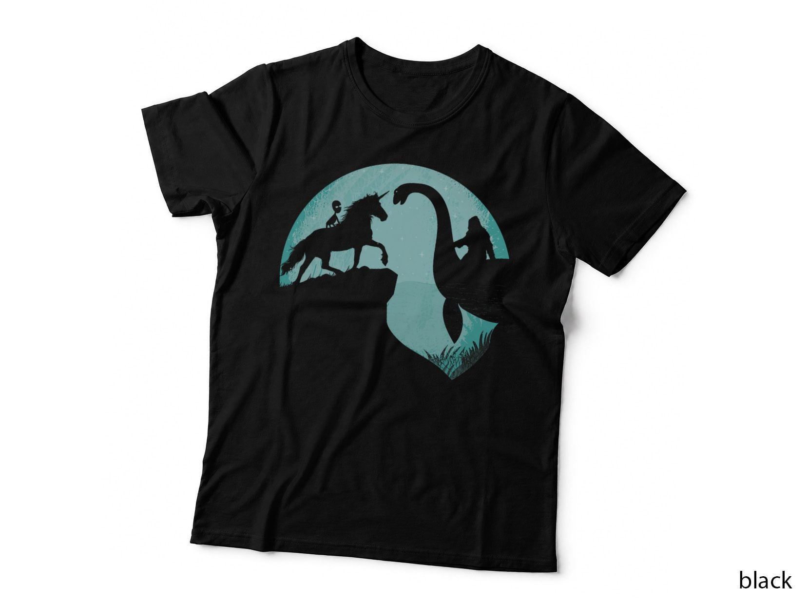Bigfoot Loch Ness Monster Sasquatch Alien Riding Unicorn T-Shirt
