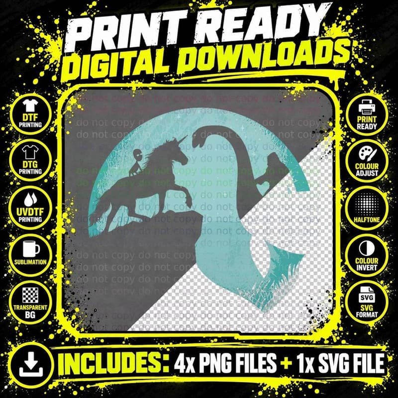 Bigfoot Loch Ness Monster Sasquatch Alien Riding Unicorn Png SVG Digital Bundle