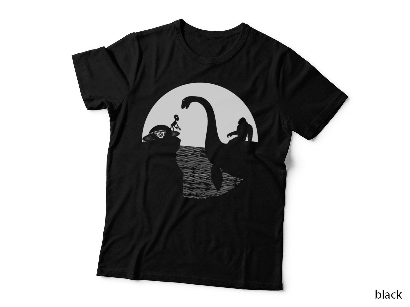 Bigfoot Loch Ness Monster Sasquatch Riding Nessie UFO Alien T-Shirt