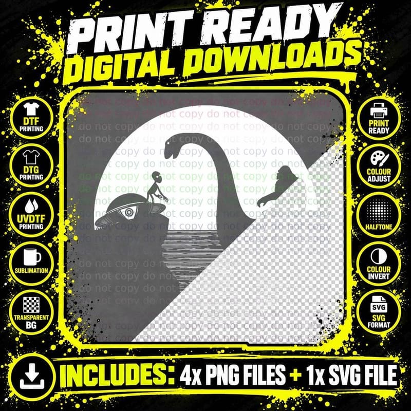 Bigfoot Loch Ness Monster Sasquatch Riding Nessie UFO Png SVG Digital Bundle