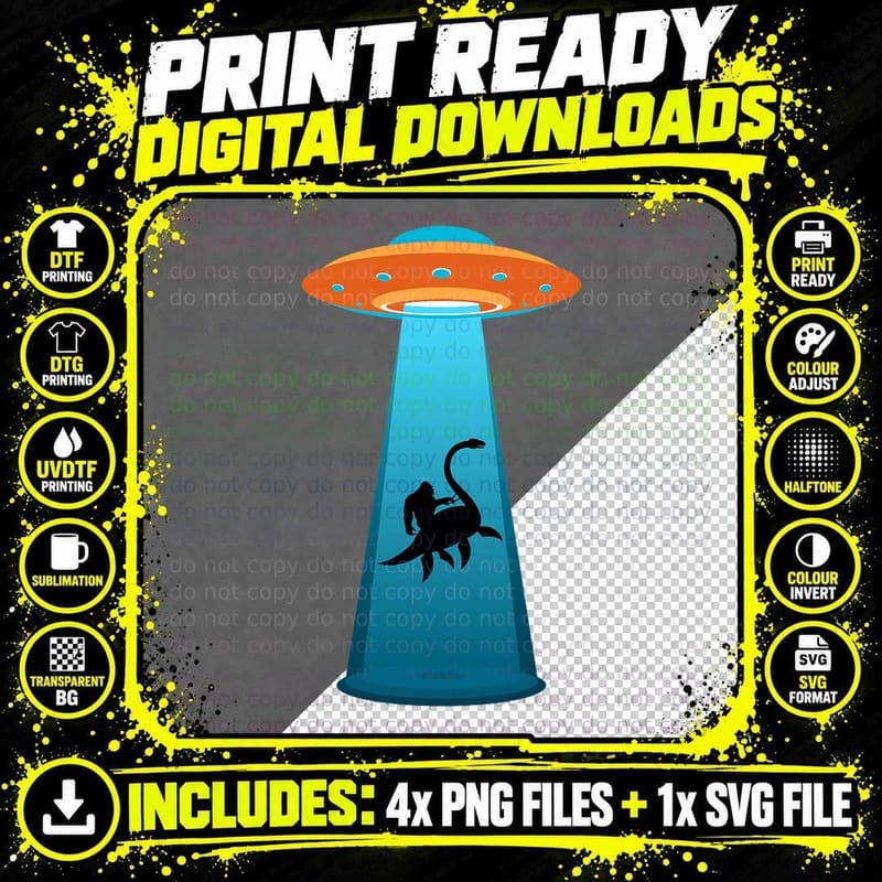 Bigfoot Nessie Loch Ness Monster Alien Abduction UFO Png SVG Digital Bundle