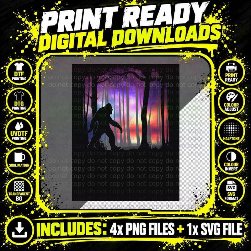 Bigfoot Northern Lights - Colorful Galaxy Aurora Cryptid Png SVG Digital Bundle
