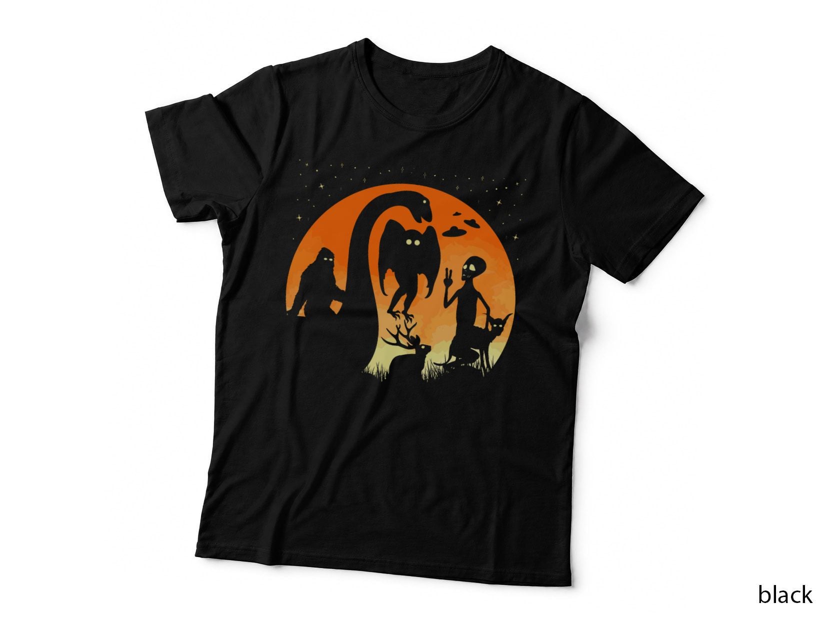 Bigfoot Riding Loch Ness Monster with Alien Mothman and Ufos T-Shirt
