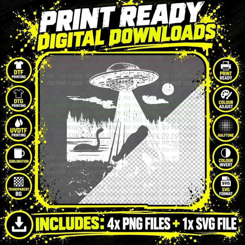 Bigfoot Sasquatch Loch Ness Monster Alien Ufo Abduction Png SVG Digital Bundle