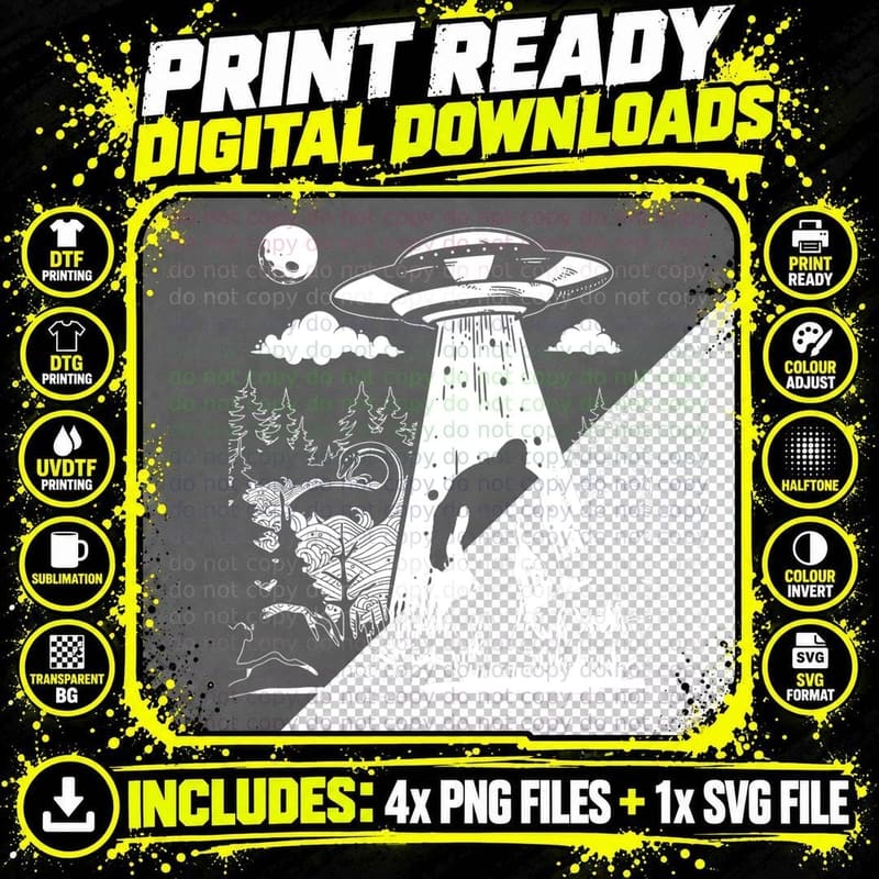 Bigfoot UFO Abduction Sasquatch & Aliens & Loch Ness Png SVG Digital Bundle
