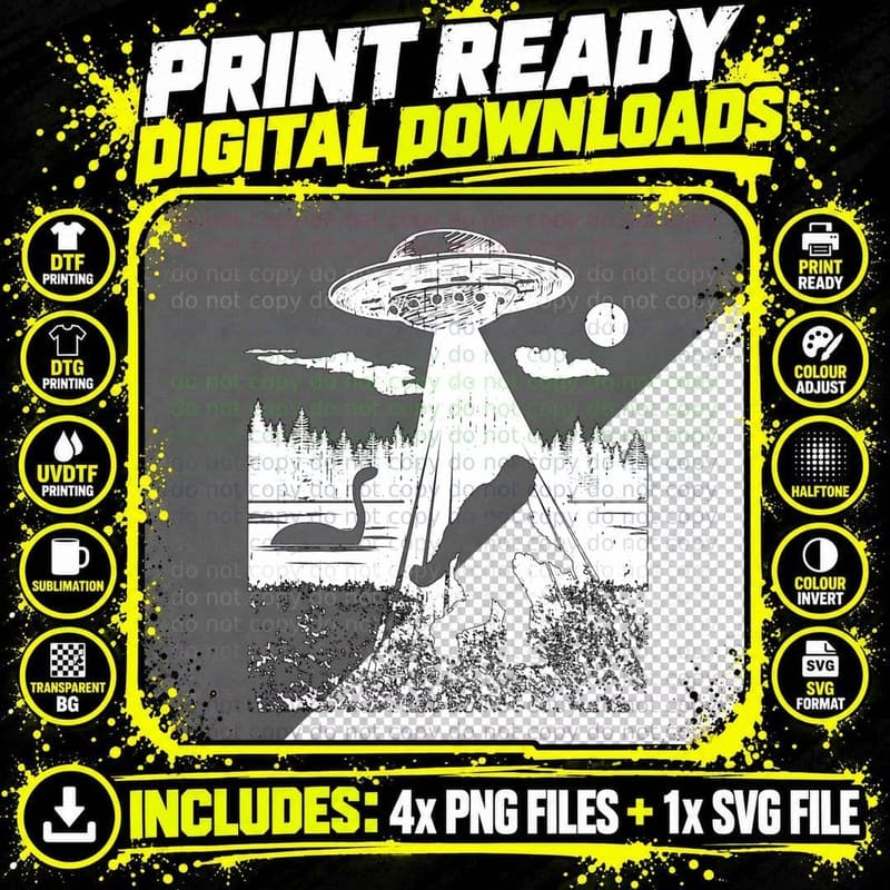 Bigfoot UFO Abduction Sasquatch Loch Ness Monster 1 Png SVG Digital Bundle