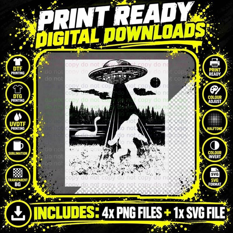 Bigfoot UFO Abduction Sasquatch Loch Ness Monster T-Shirt Png SVG Digital Bundle