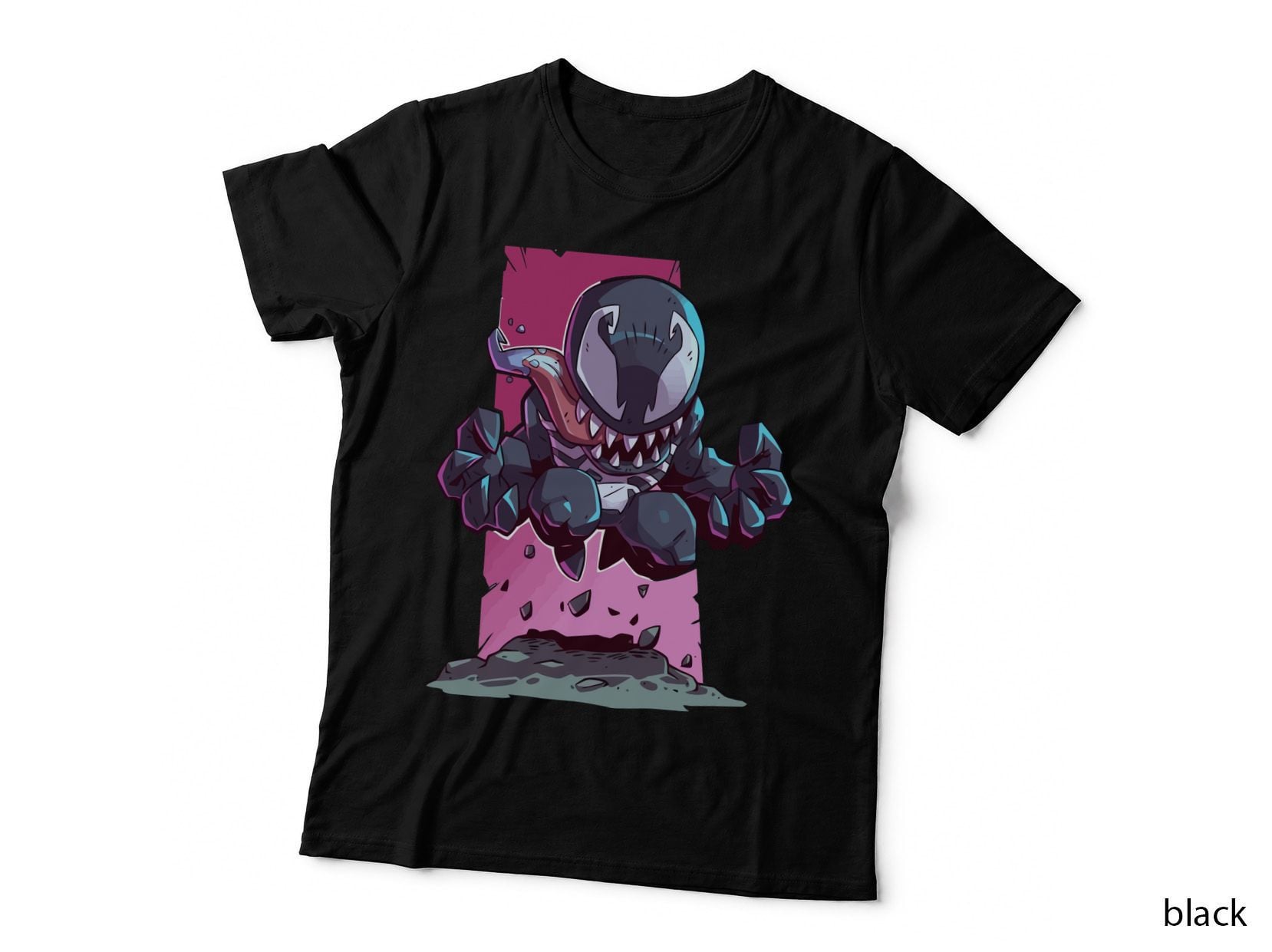 Black Alien Monster Creature Comic Style Muscular Huge Teeth Long Tongue T-Shirt