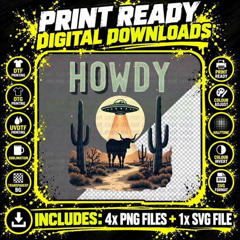 Black Silhouette Longhorn Cactus Agave UFO Howdy Alien Png SVG Digital Bundle