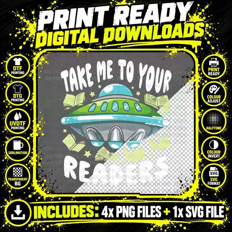 Book Nerd Alien Reading Pun T-Shirt Png SVG Digital Bundle