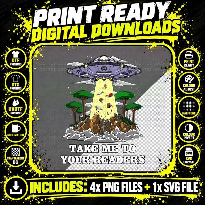 Book Reader Alien Abduction T-Shirt Png SVG Digital Bundle