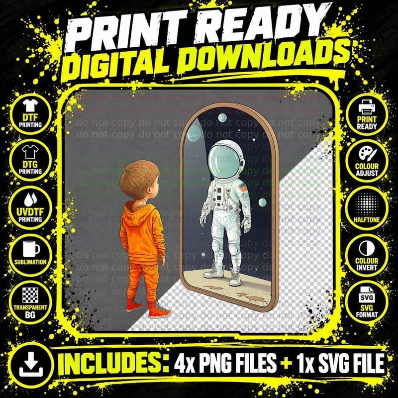 Boy Seeing an Astronaut in the Mirror - Spaceman Outer Png SVG Digital Bundle