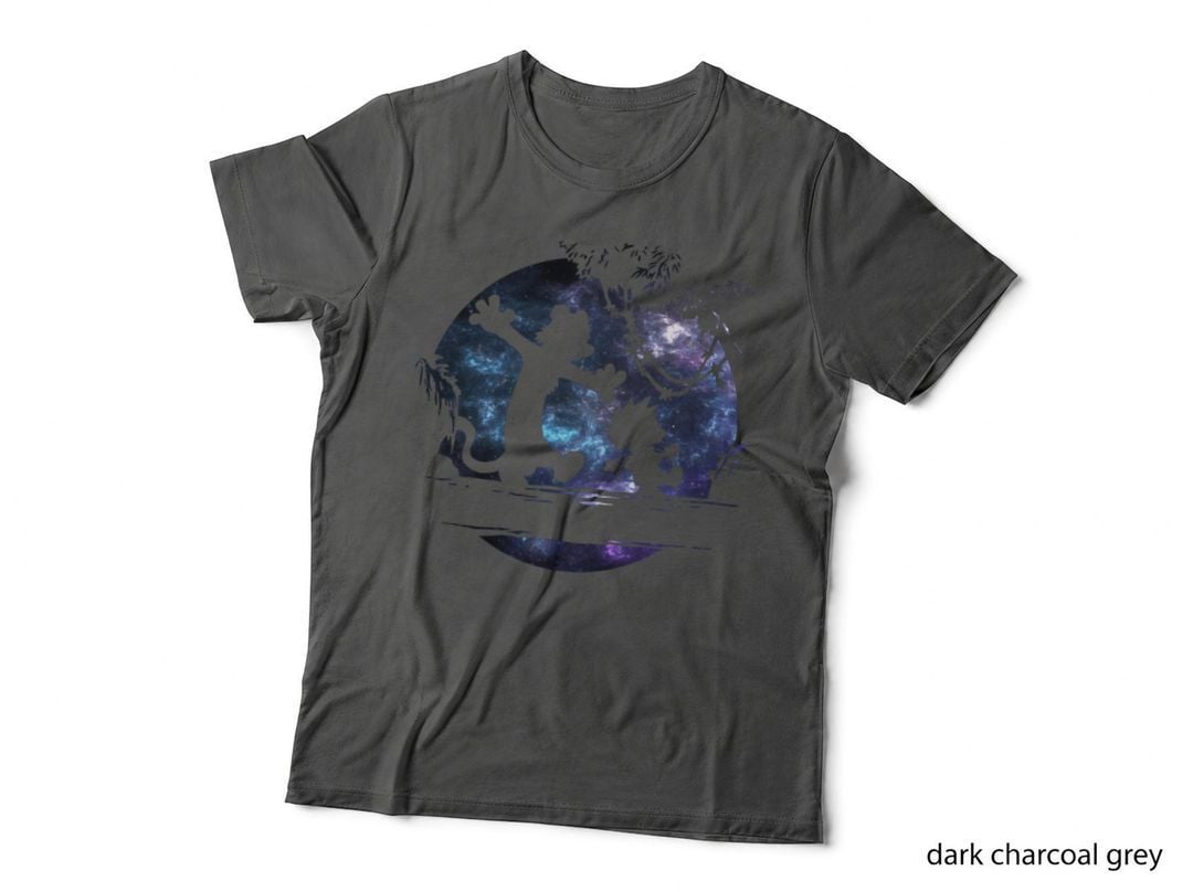 Calvin and Hobbes Galaxy Moon Silhouette, Deep Space Night Scene T-Shirt