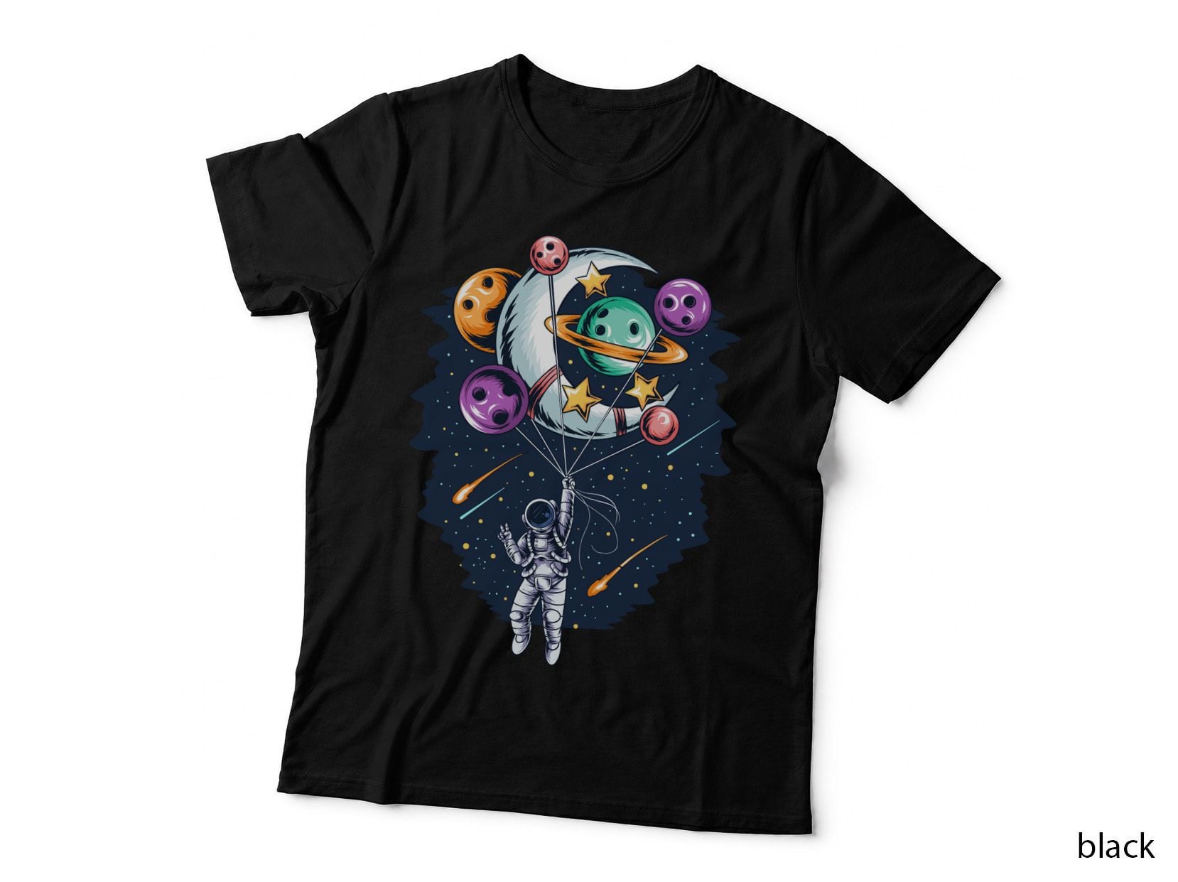 Celestial Astronaut Balloons with Dangling Planet Playful Cosmos T-Shirt