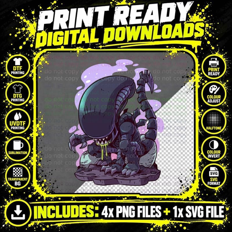 Chibi Alien Creature Elongated Head Dark Grey Dripping Png SVG Digital Bundle