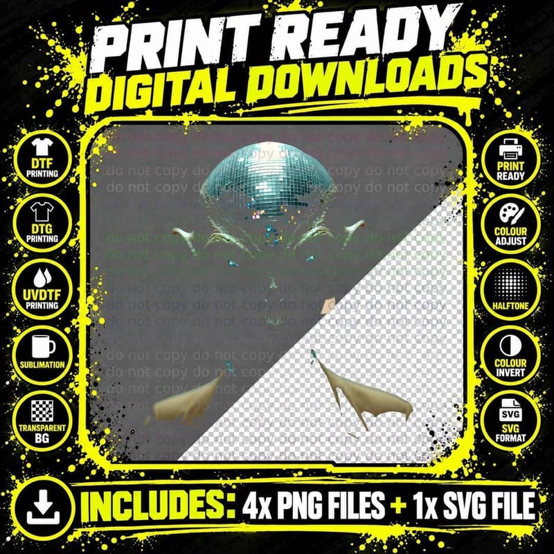 Close-Up Alien Portrait Disco Ball Head Shiny Reflective Png SVG Digital Bundle