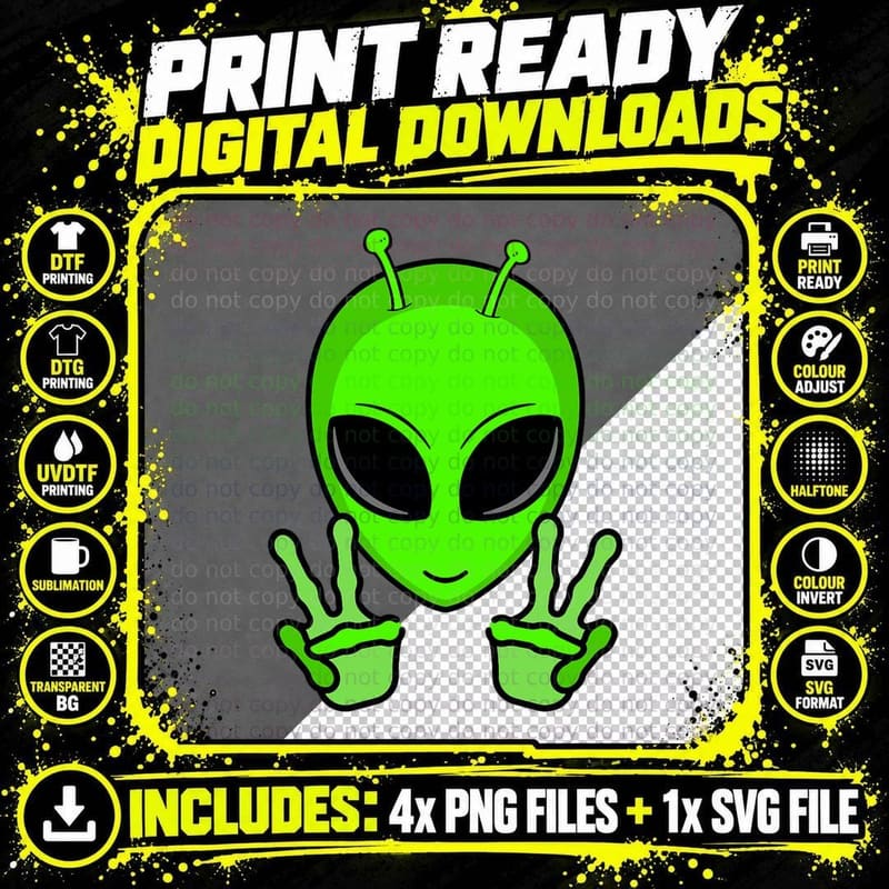 Cool Alien Head Peace Costume UFO Believer Sci-Fi Png SVG Digital Bundle