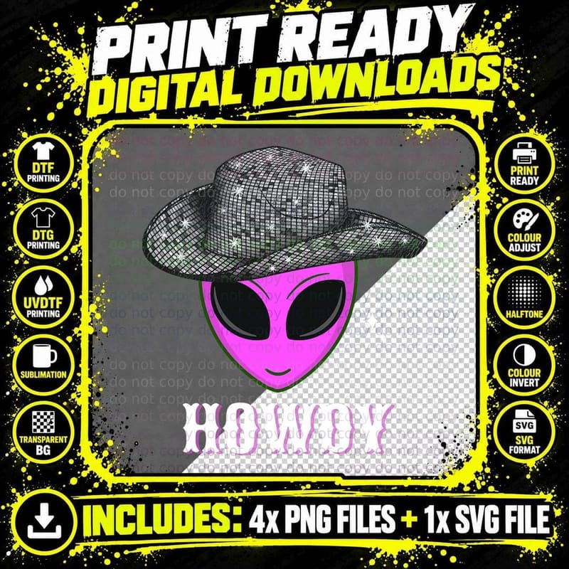 Cool Cowboy Hat Alien Howdy Space Western Disco Theme Png SVG Digital Bundle