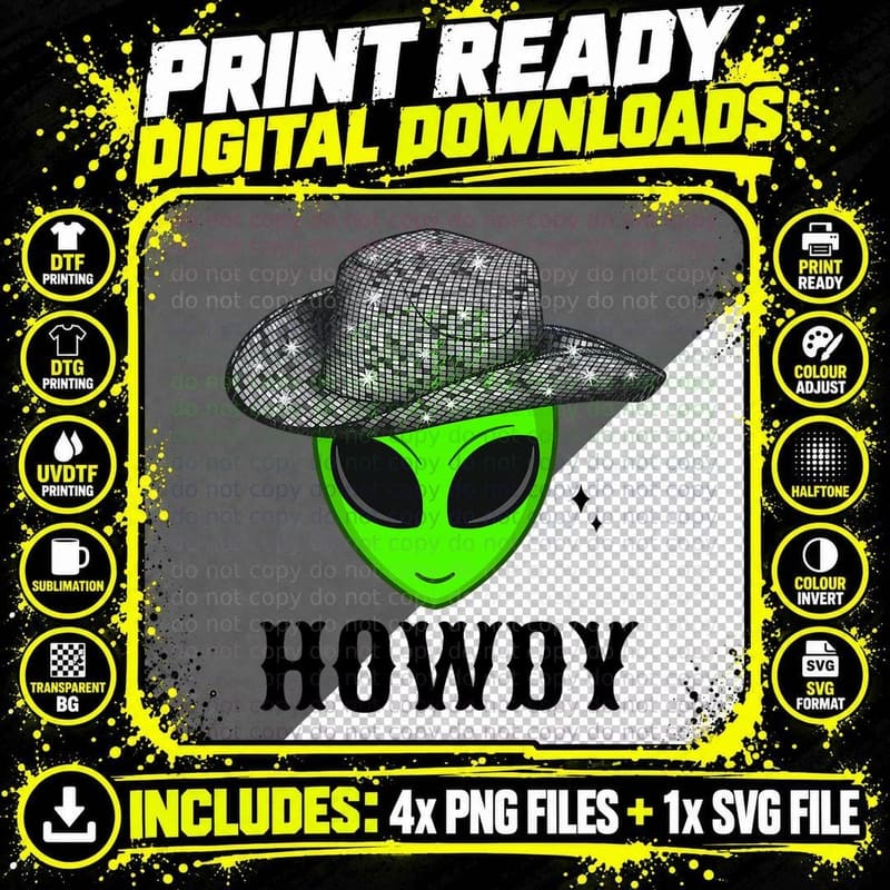 Cool Cowboy Hat Alien Space Western Dance Disco Howdy Png SVG Digital Bundle