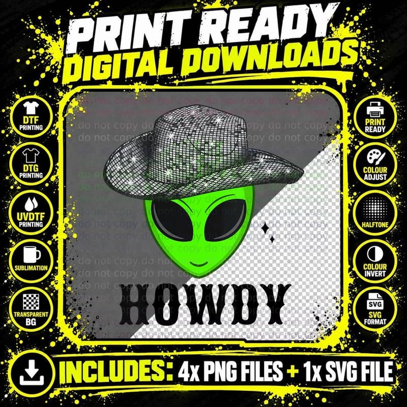 Cool Cowboy Hat Alien Space Western Dance Disco Howdy Png SVG Digital Bundle