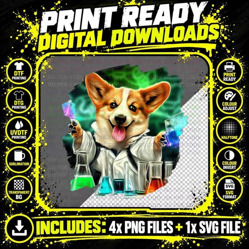 Corgi Mad Scientist T-Shirt, Science Chemistry Print Png SVG Digital Bundle