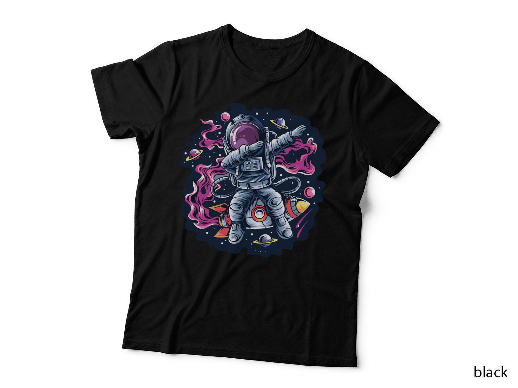 Cosmic Astronaut with Planets and Nebula Space Exploration Pink T-Shirt