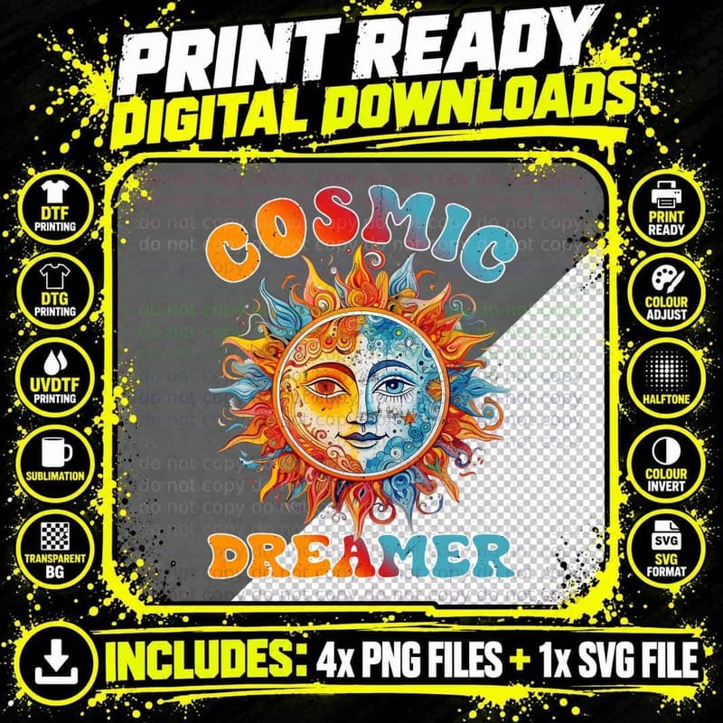 Cosmic Dreamer Hippie T-Shirt, Celestial Face with Png SVG Digital Bundle