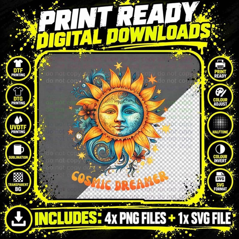 Cosmic Dreamer Hippie T-Shirt, Celestial Sun Face with Png SVG Digital Bundle