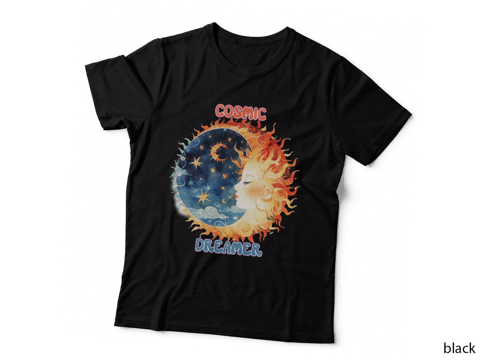 Cosmic Dreamer Hippie T-Shirt, Celestial Woman with Fire Halo Graphic Tee