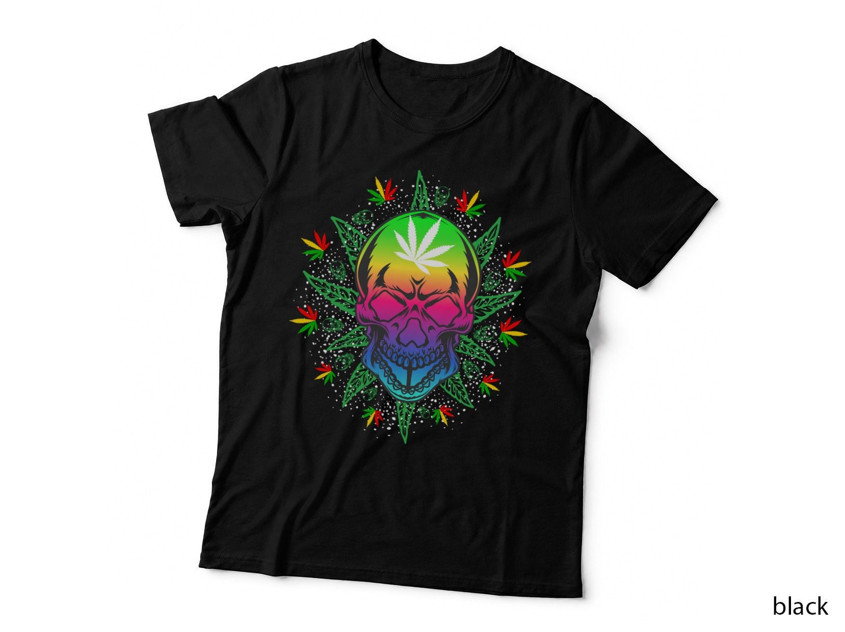 Cosmic Skull Rainbow Gradient with Cannabis Leaf Halo Sparkle T-Shirt