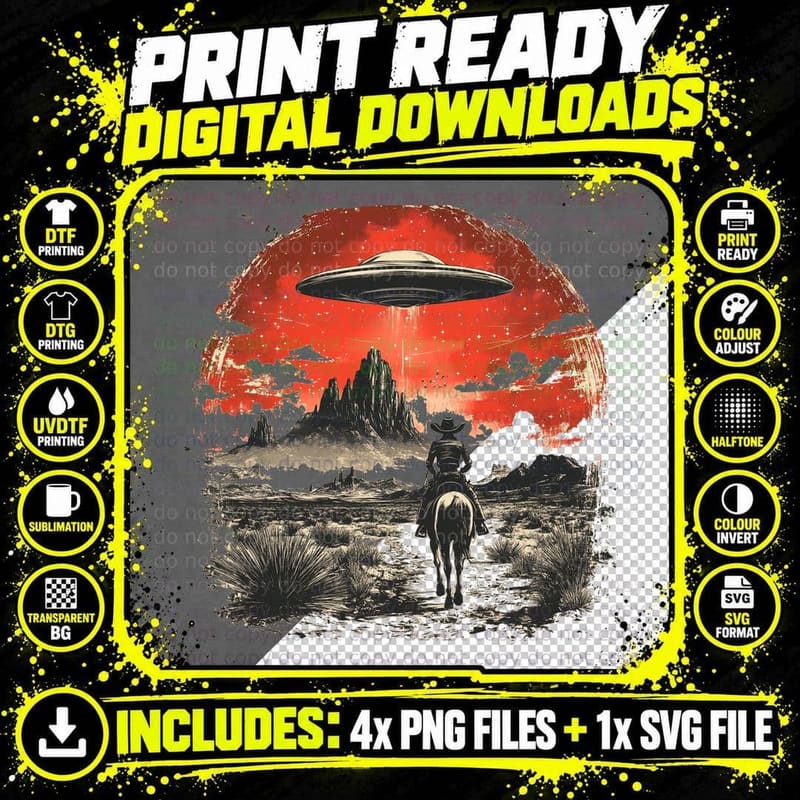 Cowboy on Horseback Under Ufo Western T-Shirt Png SVG Digital Bundle