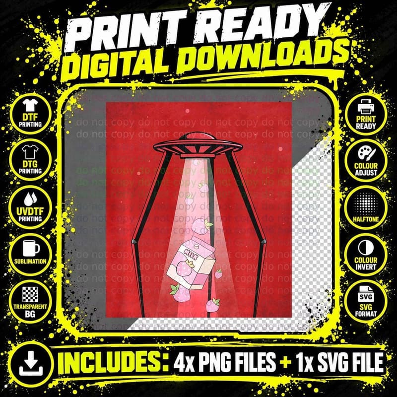 Cryptidcore Aesthetic Strawberry Milk UFO Alien Png SVG Digital Bundle