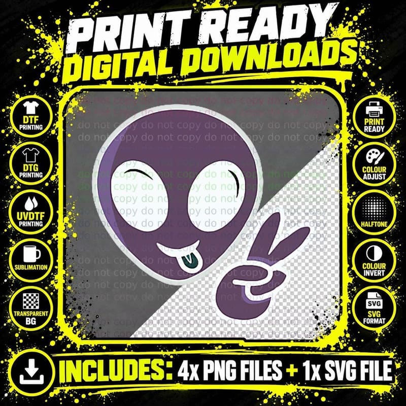 Cute Alien Peace Sign, Space Theme, Sci-Fi Png SVG Digital Bundle