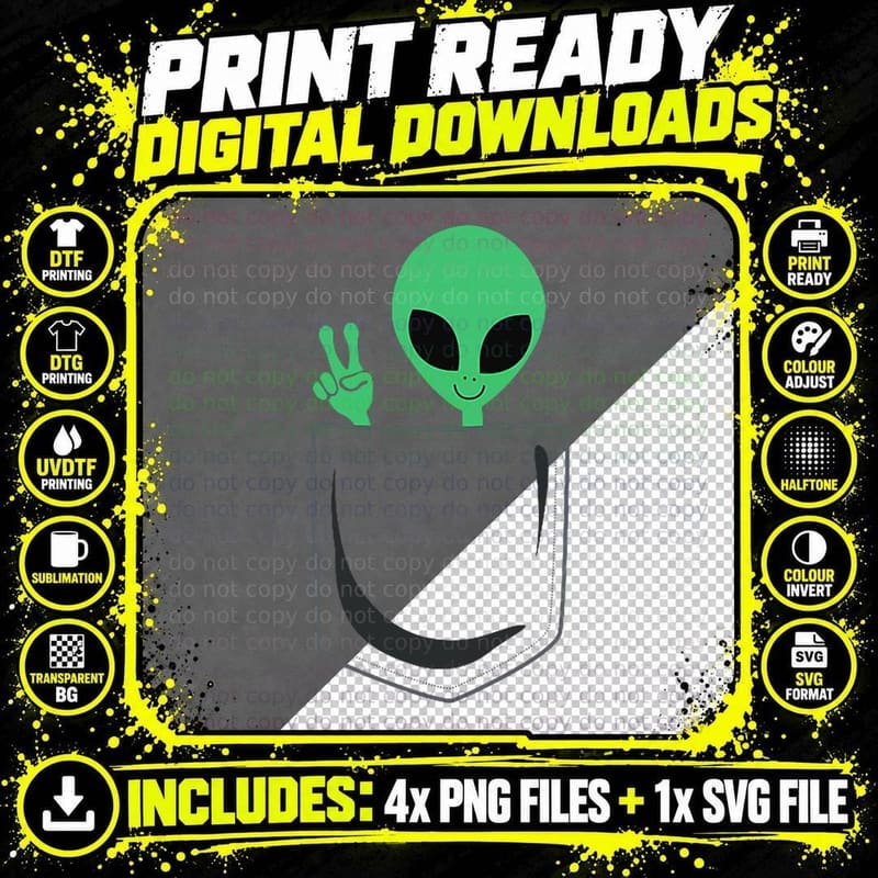Cute Little Alien in Pocket Peace Sign Universe UFO Png SVG Digital Bundle