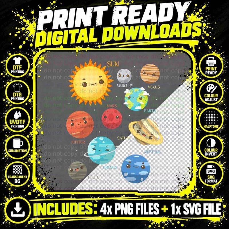 Cute Planets Kids Gift Idea Science Astronomy T-Shirt Png SVG Digital Bundle