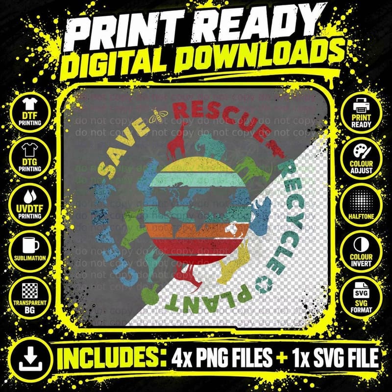 Earth Day Save Bees Rescue Animals Recycle Plastics Png SVG Digital Bundle