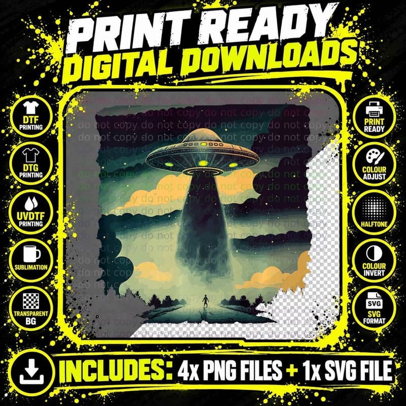 Extraterrestrial Alien Science Fiction UFO Flying Saucer Png SVG Digital Bundle