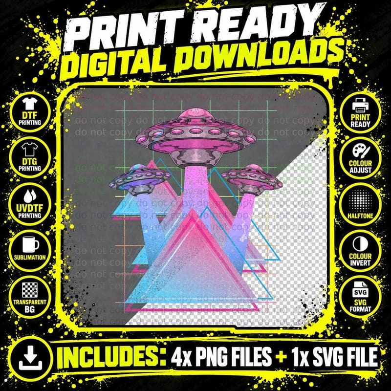 Extraterrestrial Alien Science Fiction Vaporwave UFO Png SVG Digital Bundle