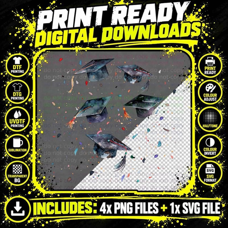 Floating Grad Caps Galaxy Theme Graduation T-Shirt Png SVG Digital Bundle