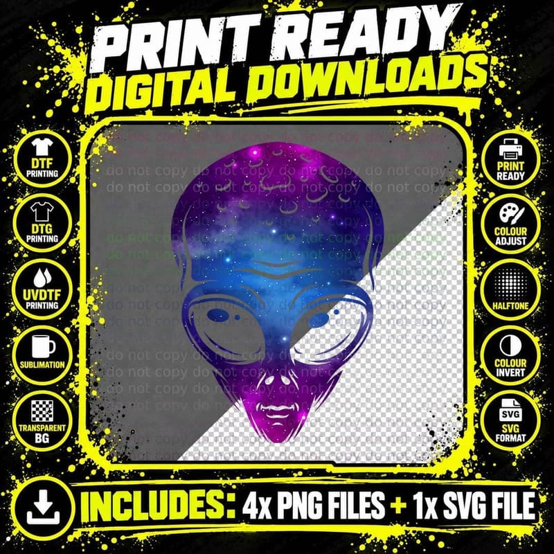 Galaxy Alien Head Gift Idea Alien T-Shirt Png SVG Digital Bundle