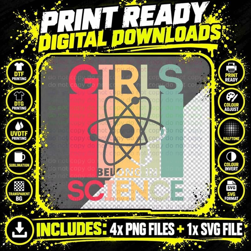 Girls Belong in Science T-Shirt, STEM Feminist Apparel Png SVG Digital Bundle