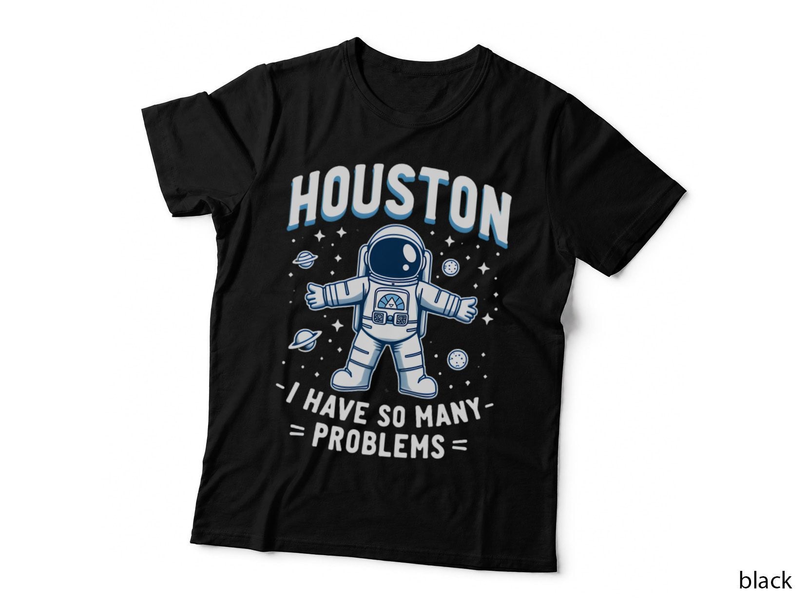 Graphic Astronaut Pink Blue Planets Houston We Have a Problem Twist T-Shirt