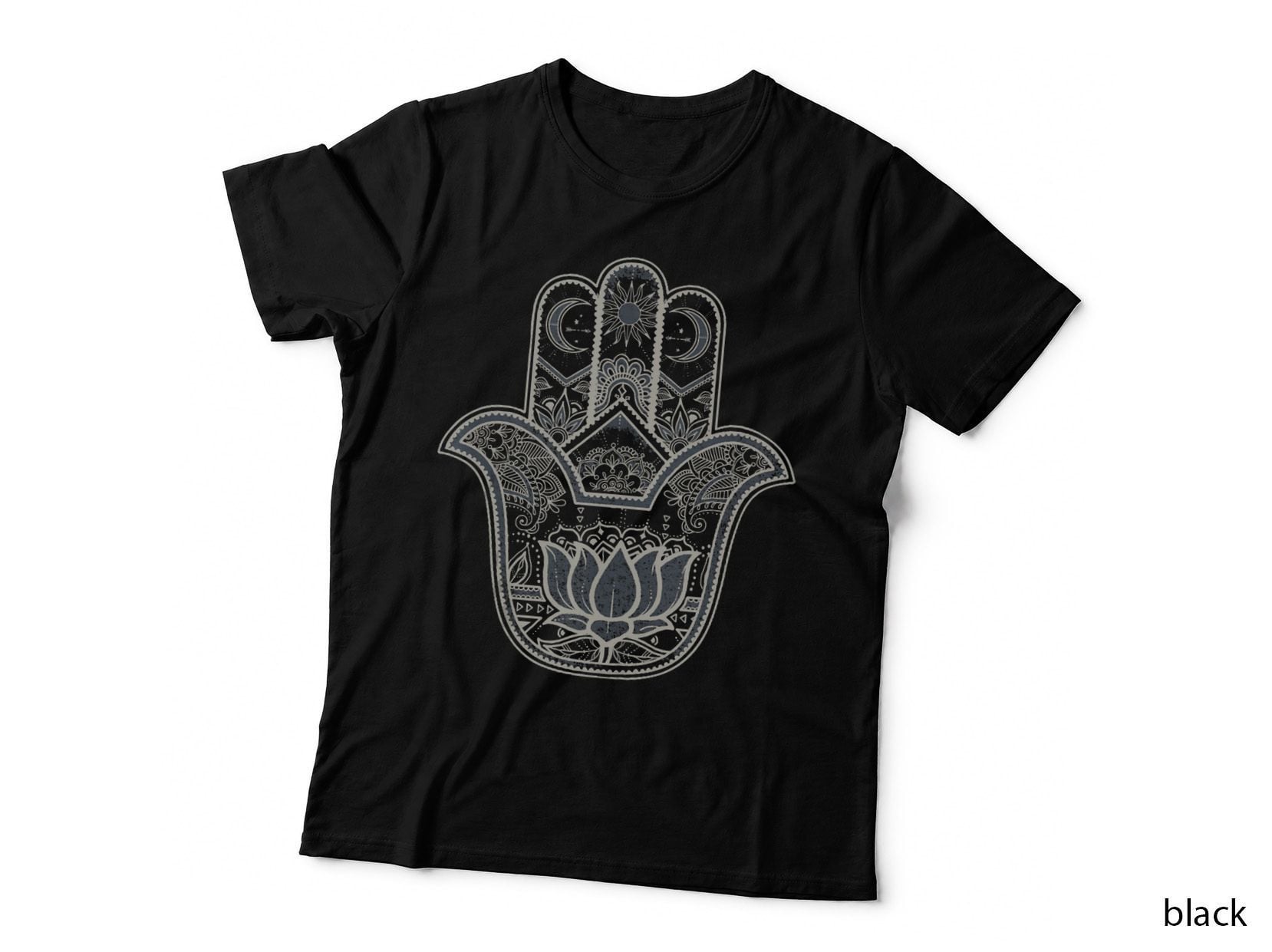 Hamsa Lotus Within Henna Hand Sun and Moon, Cosmic, Celestial T-Shirt