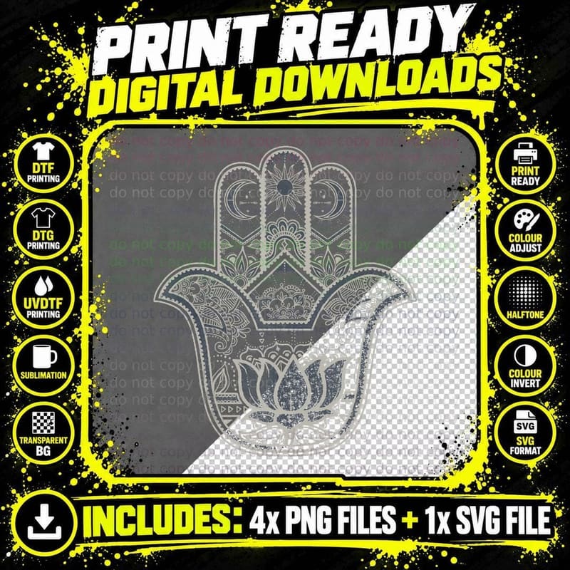 Hamsa Lotus Within Henna Hand Sun and Moon, Cosmic Png SVG Digital Bundle