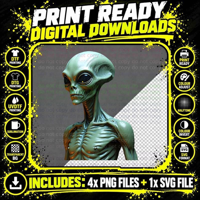 Highly Detailed 3D-Rendered Green Alien Black Eyes Png SVG Digital Bundle