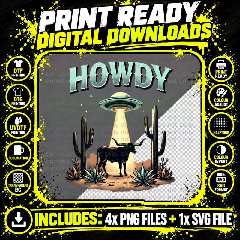 Howdy Longhorn Abduction Desert Landscape UFO Cactus Png SVG Digital Bundle