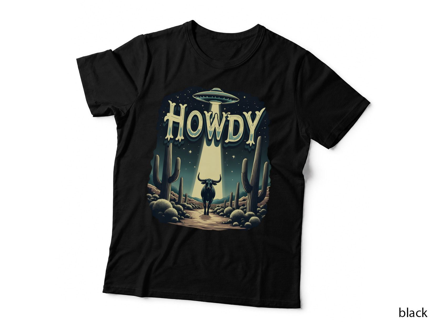 Howdy Stylized Longhorn UFO Cactus Gradient Light Blue-Green Text T-Shirt