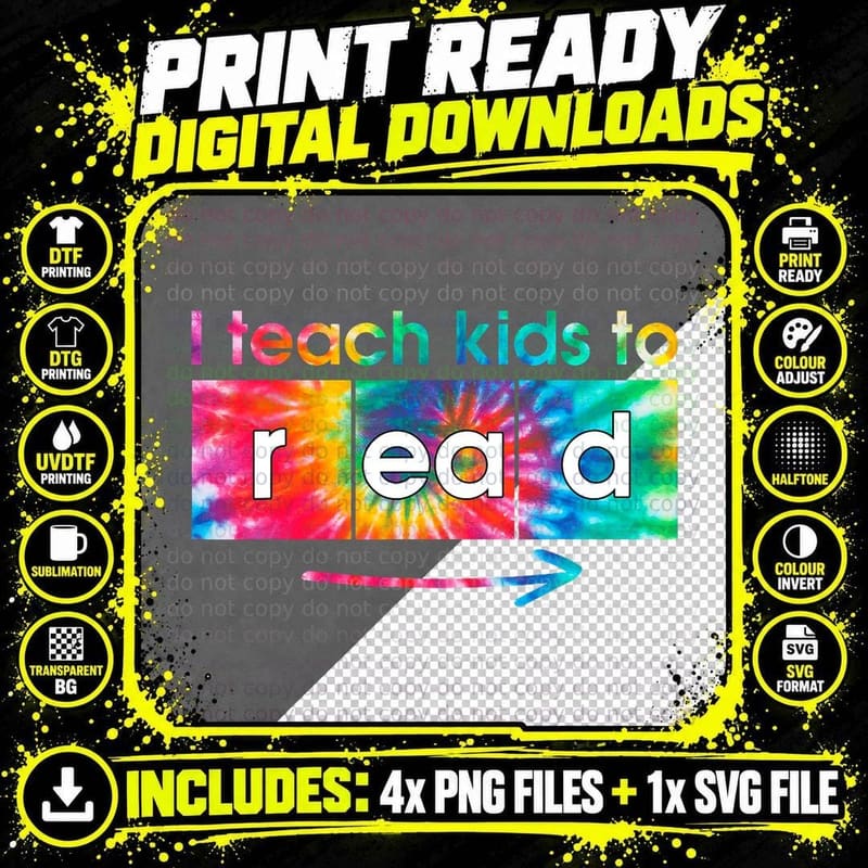I Teach Kids to Read Tie Dye Science of Reading Mens Png SVG Digital Bundle
